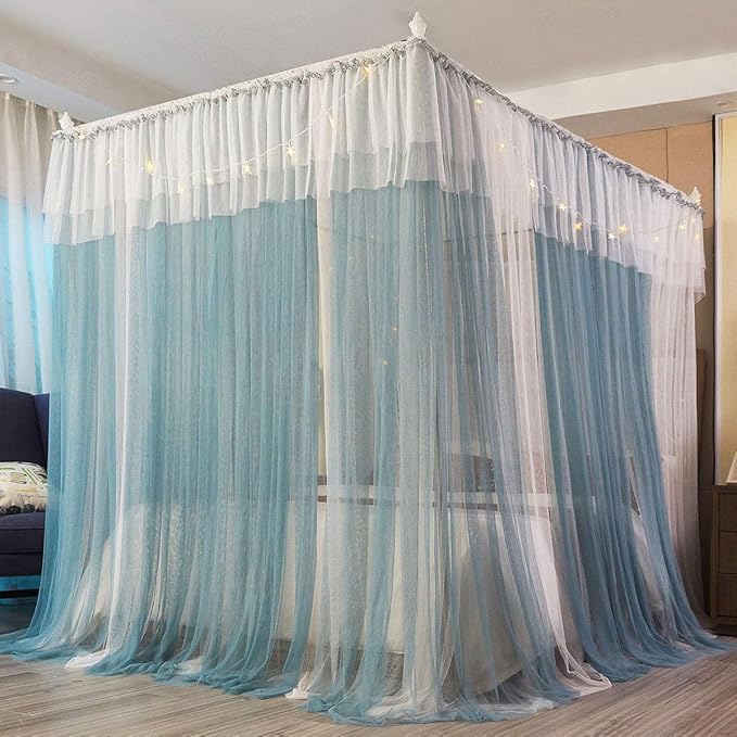 Joyreap Luxury 4 Corners Post Canopy Bed Curtains Twin, Blue n White Cozy Drape Netting for Girls n Adults - 4 Openings Cute Princess Style Bedroom Decoration Accessories