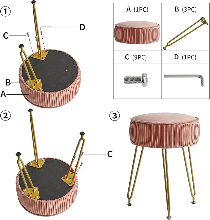IBUYKE Velvet Round Footrest Ottoman, Makeup Vanity Stool Side Table, Velvet Dressing Table Seat, Pouf Couch Stool, Golden Steel Legs, Pink LG-30P