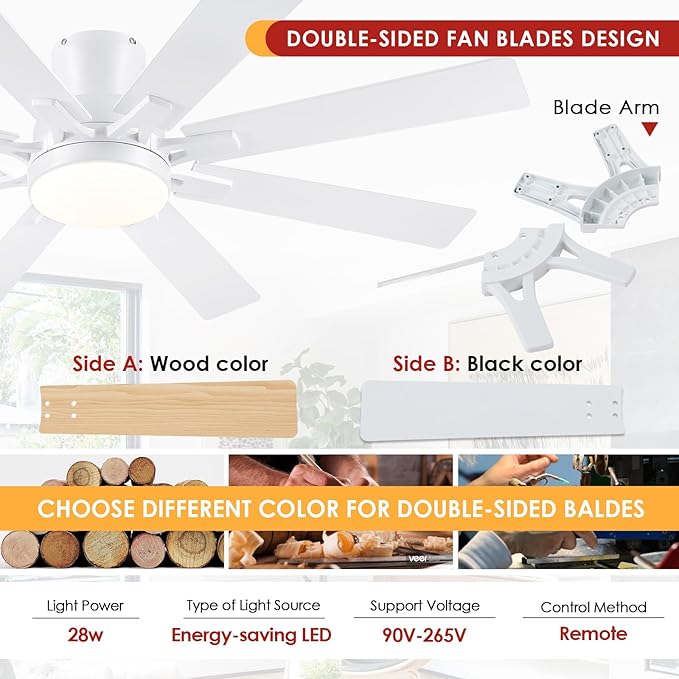 Ceiling Fans with Lights- 52" Low Profile Indoor Ceiling Fan with Light and Remote/APP Control, 8 Blade,Flush Mount, LED Dimmable DC Reversible Modern Ceiling Fan for Bedroom（White）