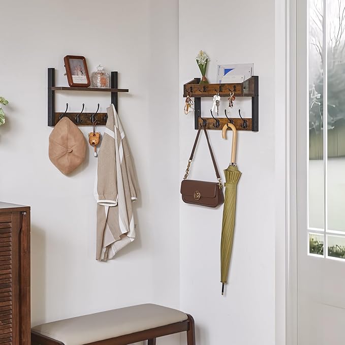 YMYNY 31.5" Coat Rack Wall Mount with Shelf, 4 in 1 Key and Coat Hanger with 12 Metal Hooks, Wall Shelf with Hooks & Mail Holder for Living Room, Bedroom, Rustic Brown, HWS007H-2