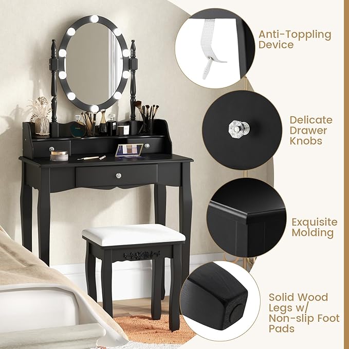 CHARMAID Girls Makeup Vanity Desk with Lights, Vanity Table with Lighted Mirror, 3 Lighting Modes, Adjustable Brightness, Modern Makeup Table with 3 Drawers and Stool for Small Space (Black)