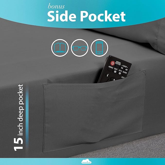 DREAMCARE Twin Sheets - Cooling Bed Sheets - 4pcs Set - up to 15" Deep Pocket Twin Bed Sheets - Twin Sheet Set - Soft Lasting 100% Fine Brushed Polyester with Side Pocket - D.Gray