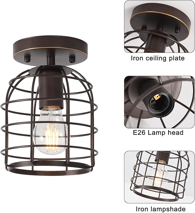 Create For Life® Industrial Vintage Flush Mount Ceiling Light,Oil Rubbed Bronze Semi Flush Mount Ceiling Lamp Fixture for Hallway Stairway Kitchen Garage, E26,1 Pack