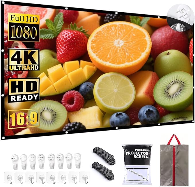 Projector Screen Portable Movies Screens 16:9 Foldable Wrinkle-Resistant Fabric with Dual Adhesive/Nail Hooks for Stable Wall Mount, Ideal for Home Theater & Movie Nights (100 inches)