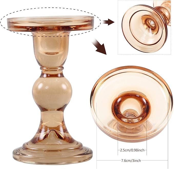 GMWD 3 Pcs Glass Candle Holder Set Clear, Amber Candlesticks Holders Pillar Taper Candles Tealight Stand for Wedding Centerpieces Home Decorations Dining Table
