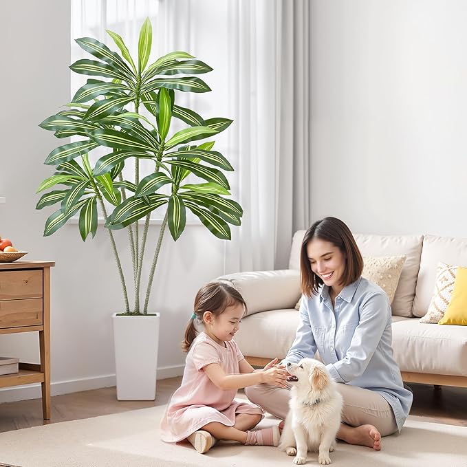 VEVOR Artificial Dracaena Tree 6 ft, Fake Palm Tropical Plants with White Tall Planter, Faux Floor Silk Plant in Pot, Large Trees for Home Office Living Room Decor House Warming, Indoor Outdoor