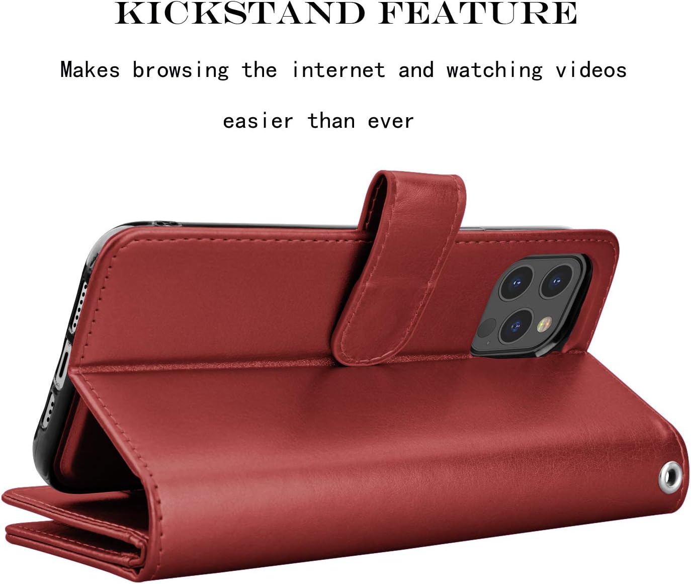 Njjex iPhone 12 Pro Max Wallet Case - 9 Card Slots, PU Leather, Detachable Kickstand (Wine Red)
