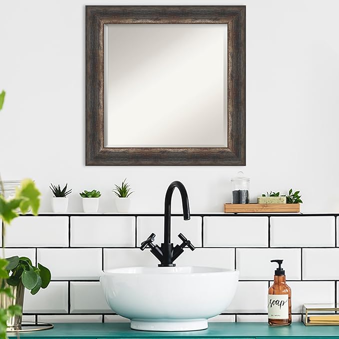 Amanti Art Brown Bathroom Mirror for Over Sink, 25x25 Bark Rustic Char Square Vanity Mirror, Medium Country Rustic Frame, Hangs Horizonally and Vertically, Bathroom Wall Decor, Beveled Edge