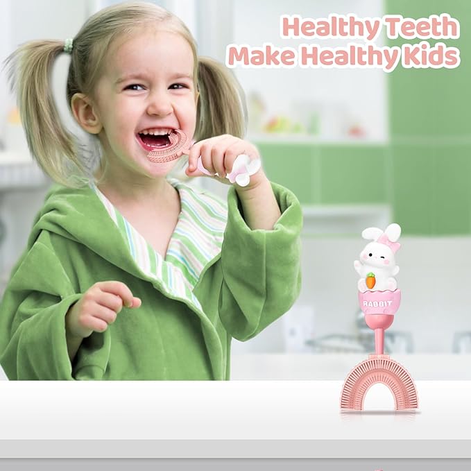 U-Shaped Toothbrush for Kids Ages 2-7，Soft Food-Grade Silicone for Sensitive Gums，360° Teeth Cleaning Design，Training & Travel-Friendly Toddler's Toothbrush (Pink)