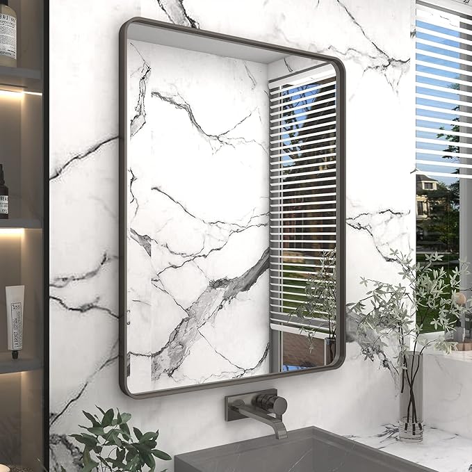 28x36 Bronze Framed Mirror, Brushed Bronze Metal Bathroom Vanity Mirror for Wall, Modern Rectangle Mirror, Rounded Corner, Anti-Rust, Tempered Shatterproof (Horizontal/Vertical)