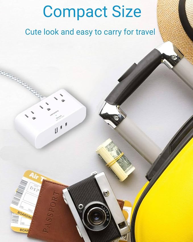 Cruise Ship Essentials, HANYCONY Short Extension Cord 1 Ft, Small Power Strip 3 Outlets 3 USB Ports(2 USB C), Ultra Thin Flat Outlet Extender with No Surge Protector for Dorm Room, Travel Accessories