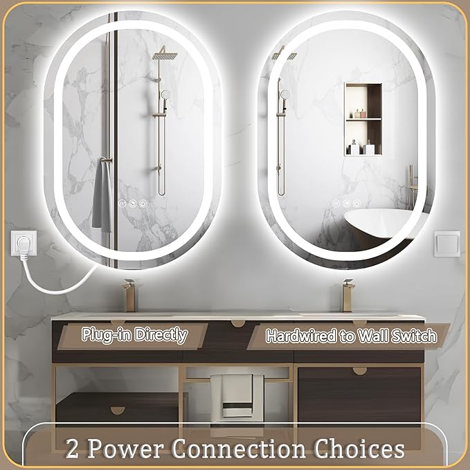 LED Oval Bathroom Mirror 40"x24" Oval Bathroom Vanity Mirror for Wall Anti-Fog 3 Colors & Dimmable Bathroom Mirror for Over Sink with Lights Memory Function Shatterproof LED Mirror