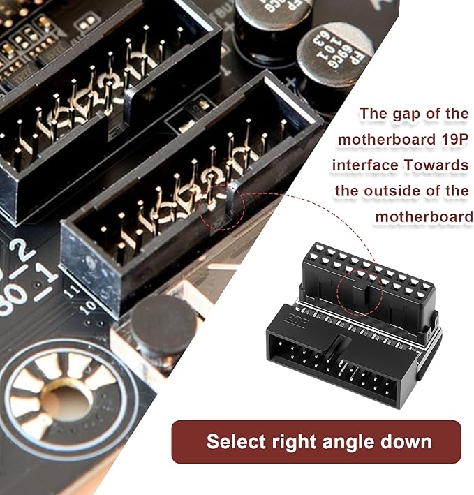 2 Pack USB 3.0 90 Degree Adapter Right Angle 19 Pin/20 Pin Female to MaleMotherboard Down19-pin Connector Extension Power Adapter L Turn Right Angle Socket (Down/Black-20Pin)
