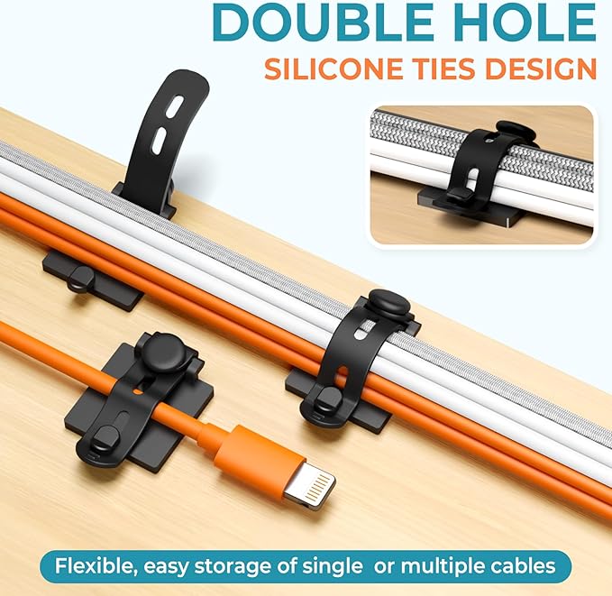 Kanemc Cable Clips Management Kit, 15 Cable Holder With Silicone Cord Ties, 15 Nylon Zip Tie, Extra 15 Screws & 8 Adjustable Cable Straps For Workspace Organizers PV Computer TV Under Desk Wire Setup