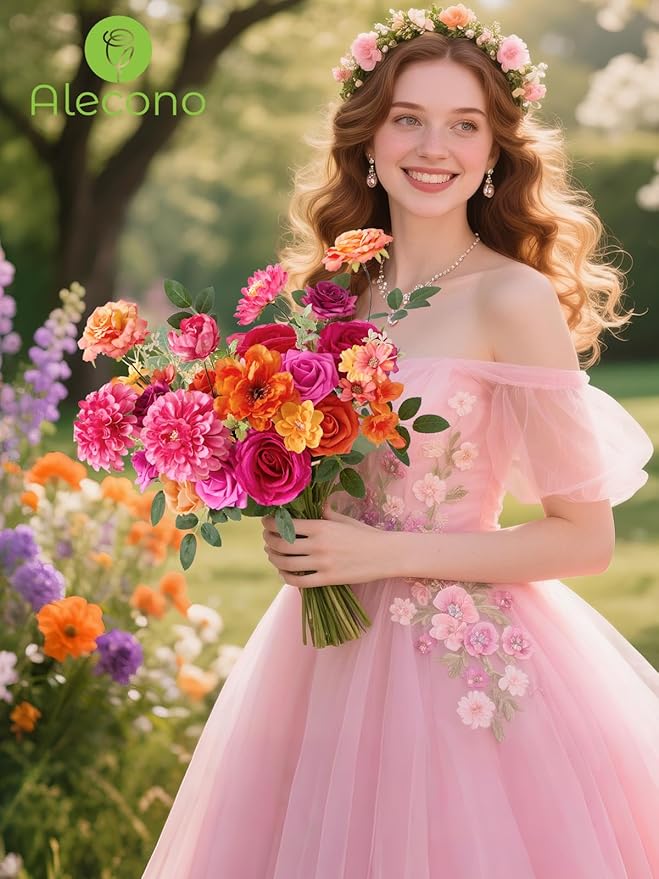 Alecono Artificial Flowers, Orange and Hot Pink Silk Fake Flowers for DIY Wedding Bouquets, Cake Flowers for Table Centerpieces Party Home Decorations