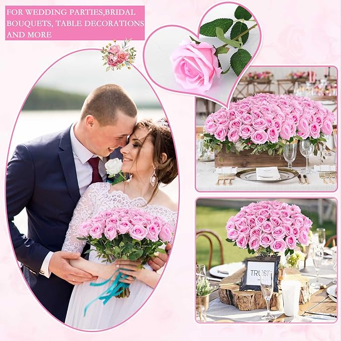 Hananona 50 Artificial Roses in Bulk, Fake Silk Pink Roses Realistic Roses for Wedding Centerpieces Flower Arrangement Home Decor (50, Pink)