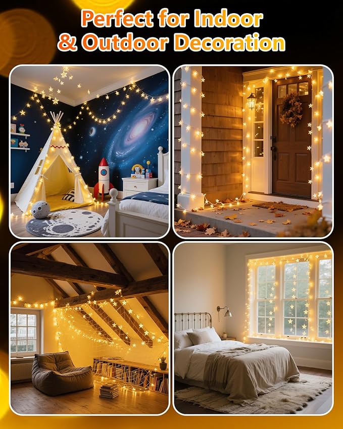 Twinkle Star 2 Pack 100 LED Star String Lights, Plug in Fairy String Lights Waterproof, Extendable for Indoor, Outdoor, Wedding Party, Christmas Tree, New Year, Garden Decoration, Warm White