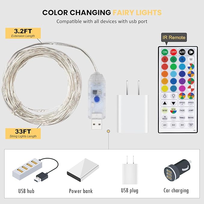 Fairy Lights USB Plug in 33ft 100LEDs with Remote, Warm White 20 Color Changing Light Twinkle Firefly String Lights for Bedroom Party Wedding Christmas Tapestry, Multicolor Colors (USB&Plug)