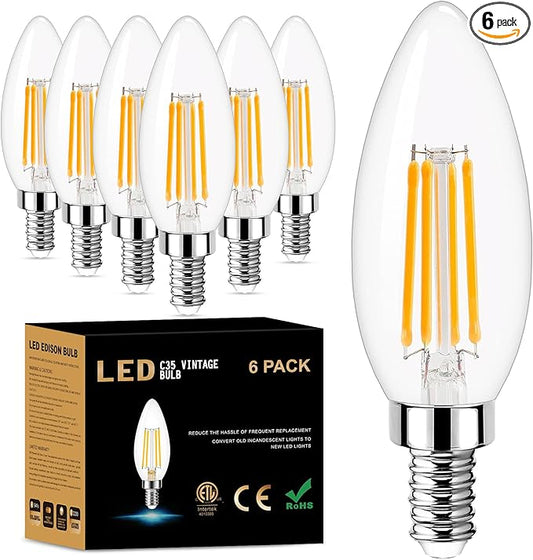 GOLSPARK E12 LED Bulb Dimmable, Candelabra LED Bulb 40W Equivalent, 3000K Warm White, B11 B10 Type B LED Light Bulbs 4W, 400LM, CRI 85+, Clear Filament Candle Light Bulbs Small Base, 6 Pack
