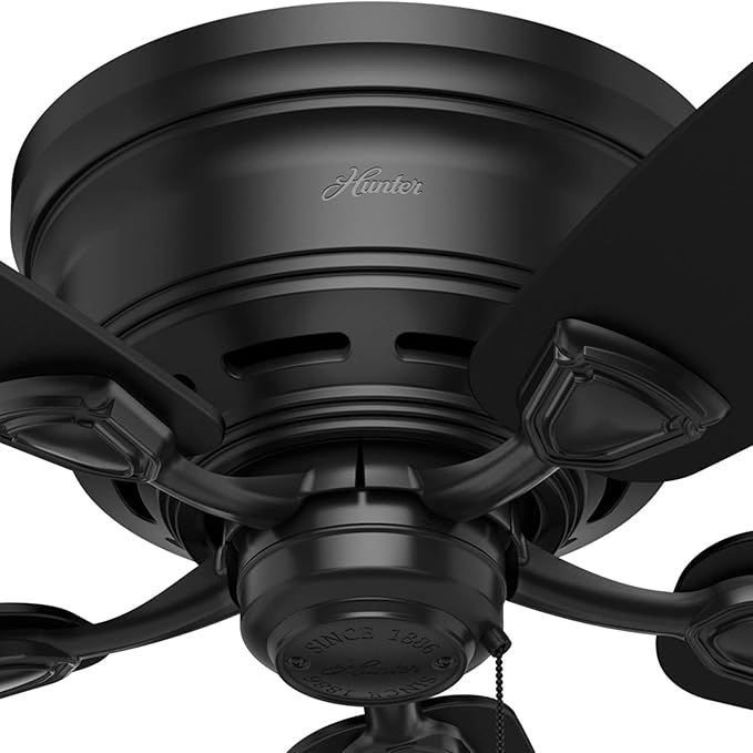Hunter 48 inch Outdoor or Indoor Ceiling Fan No Light - Low Profile Mount, Black Ceiling Fan without Light, For Patio, Porch, Garage, or Living Room, 5 Blades, Pull Chain - Sea Wind 53118, Matte Black