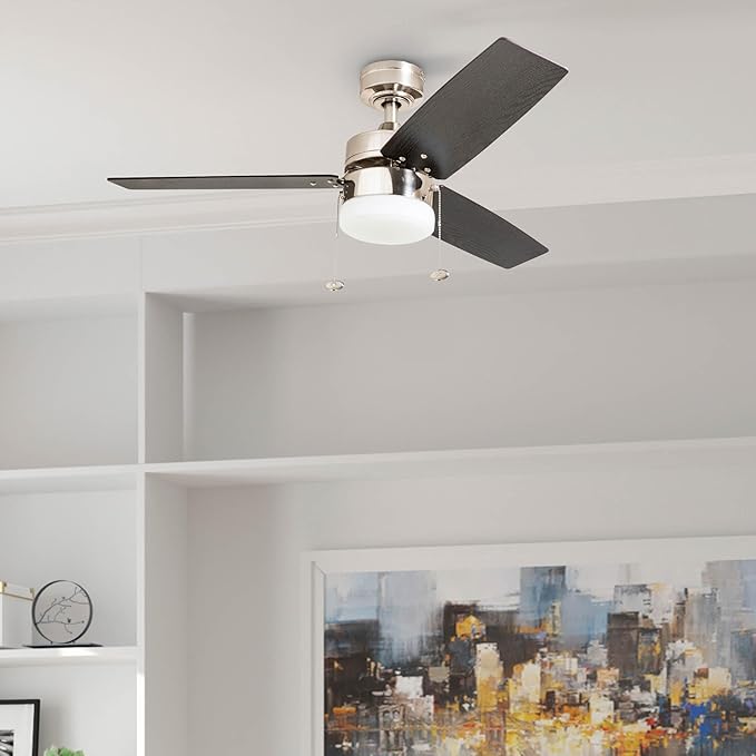 Prominence Home Reston, 42 Inch Modern Farmhouse LED Ceiling Fan with Light, Pull Chain, Dual Mounting Options, Dual Finish Blades, Reversible Motor - 51014-01 (Brushed Nickel)