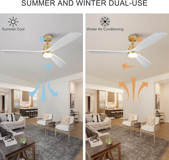 BOJUE 60 Inch Wood Ceiling Fans with Lights and Remote, White Gold Outdoor Ceiling Fan with Light, Dimmable 3 Blades Outdoor Fans for Patios Noiseless Modern Ceiling Fans for Bedroom Living Room