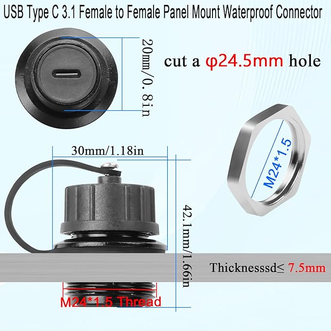 QIANRENON 10Gbps USB C Waterproof Data Adapter USB Type C 3.1 Female to Female Panel Mount Waterproof Connector USB C Feedthrough Bulkhead Mount Socket 50V/1.5A, for Outdoor Data Transfer/Charging