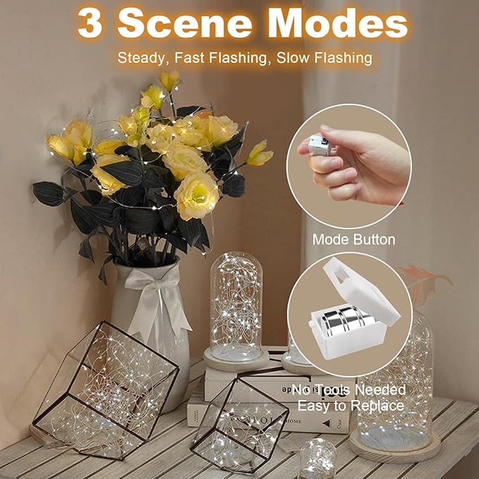 20 Pack Fairy Lights Battery Operated - 3 Speed Modes, 7Ft 20 LED String Twinkle Lights, Waterproof Copper Wire, Mini Firefly Light for Mason Jars Vases Christmas Decor, White