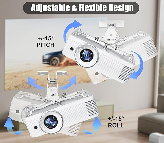 2-Be-Best Projector Ceiling Mount Wide Pipe Universal 3-in-1 Projector Wall Mount Bracket with Adjustable Arm, Flush Mount Option, Built-in Cable Management for Office Home White