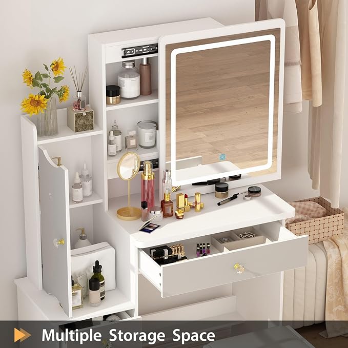 FAMAPY Vanity Desk with Mirror and Lights, Vanity Makeup Desk with Sliding Lighted Mirror, Vanity Mirror Makeup Desk with Cushion Stool, Drawers and Shelves, White and Grey