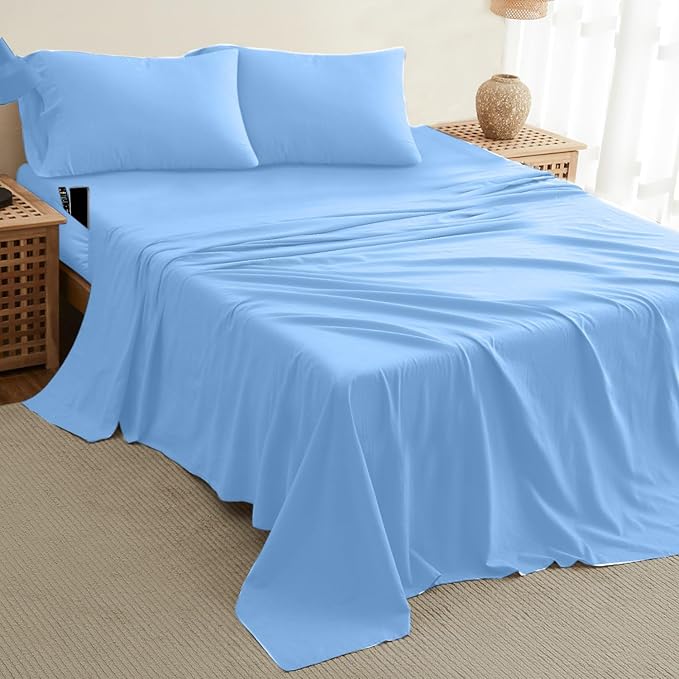 DREAMCARE Sheet Set - 4pcs Cooling Microfiber, Deep Pocket King, Hotel Luxury, Soft 100% Fine Microfiber with Side Pocket - Light Blue