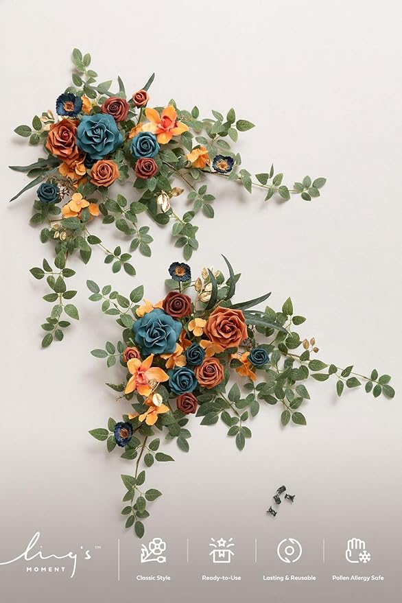 Ling's moment 2pcs Wedding Flowers Garland Artificial Floral Swag Arch Decorations Greenery Arrangements Orange & Teal Ceremony Reception Garden Easel Wall Entryway Outdoor Board(NOT Include Sign)