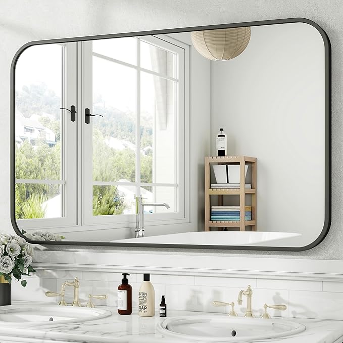 HARRITPURE Rectangular Bathroom Mirror 48''x30'' Black Bathroom Wall Mirror Aluminum Frame Wall-Mounted Mirrors for Entryway Bedroom Living Room