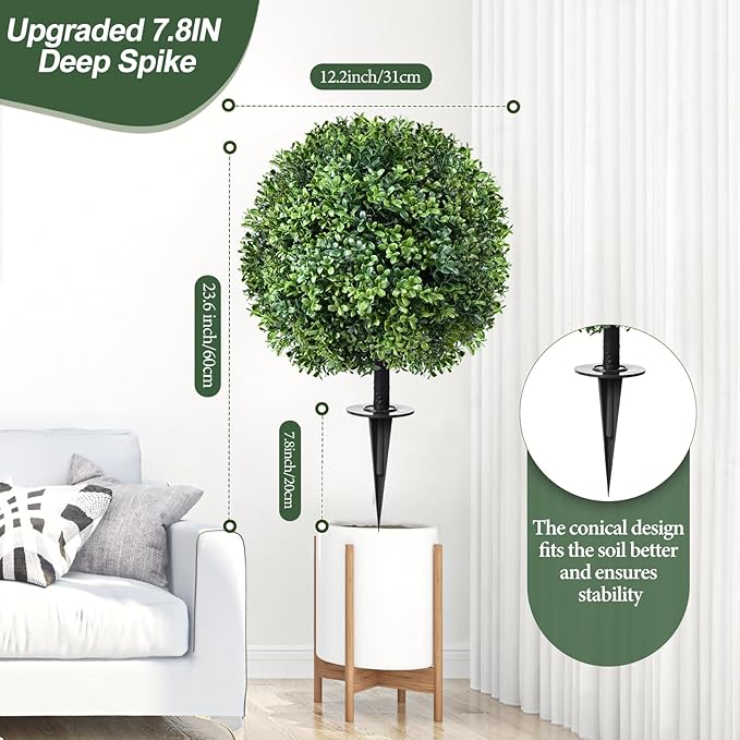 24" Artificial Topiary Boxwood Ball Tree with Ground Spike, Set of 2, UV Resistant Outside Fake Bushes Plants, Faux Cedar Balls Faux Shrubs Plastic Plants for Outdoor Indoor Front Porch Garden Decor