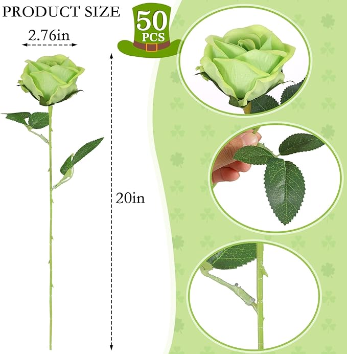 Hananona Artificial Roses in Bulk, Fake Silk Roses Realistic Green Roses for Wedding Centerpieces Flower Arrangement St Patricks Day Home Decor (50, Light Green)
