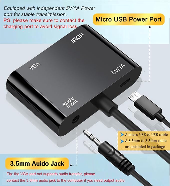 VGA to HDMI+VGA Adapter for Dual Monitors, VGA to HDMI Adapter Splitter 2 in 1,1080P@60HZ Full HD Display Video Converter for PC Laptop Link Monitor/HDTV/Projector (for Windows & MaC os)