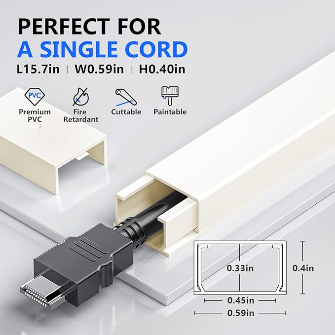 142in Beige Cord Hider, Delamu Beige Cord Covers for Wires on Wall, One-Cord Cable Hider, Wire Hider Wire Covers for Cords on Wall, Easy Set up Cable Cover Raceway, L15.7 W0.59 H0.4in