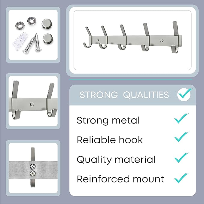Coat Rack Wall Mount – Brushed Nickel 15 Inch Stainless Steel Hook Rail with 5 Heavy Duty Double Coat Hooks – Wall Mounted Coat Hanger for Entryway, Bathroom, Bedroom, Towel, Hat Organizer
