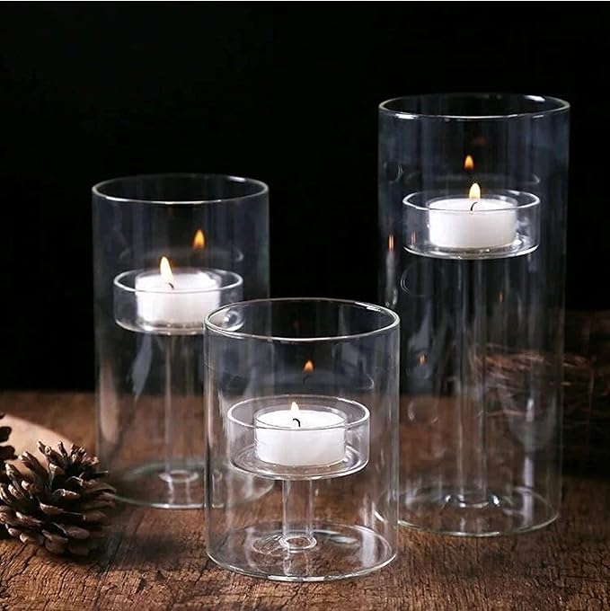 Set of 3 Cylinder Glass Decorative Hurricane Candle Holder Clear Votive Candle Holders Table Centerpieces for Dining Room Wedding Parties Home Decorations