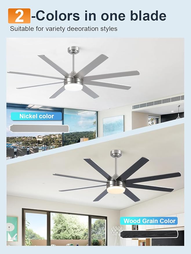 YUHAO 62 Inch Brushed Nickel Ceiling Fan with Light and Remote Control.Noiseless,Dimmable,3CCT,6 Speeds Reversible, DC Ceiling Fans for Indoor or Covered Outdoor