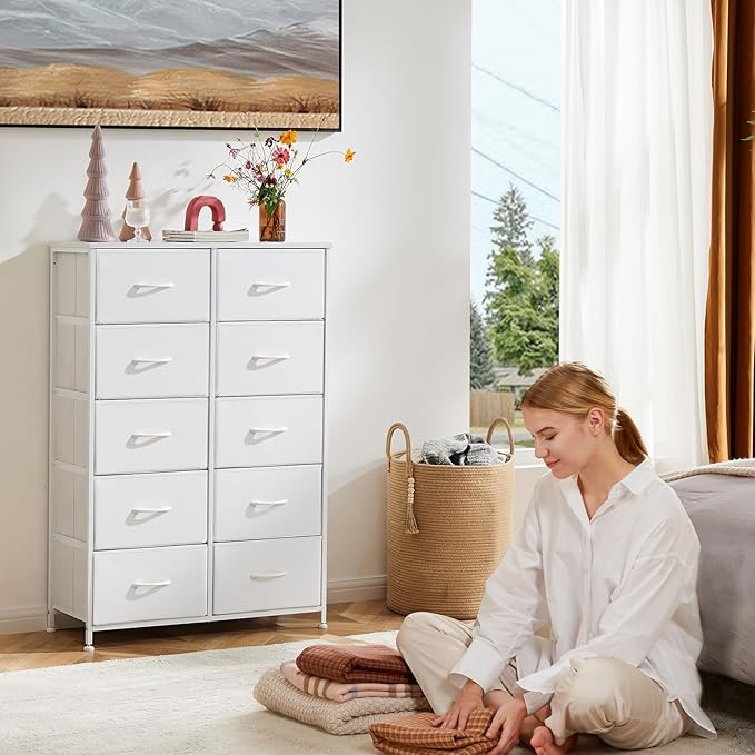 Sweetcrispy 10 Drawer Fabric Dresser Tall Chest Storage Organizer Tower with Cabinet Metal Frame and Wood Top Lightweight Nursery Closet Furniture for Bedroom,Cream White