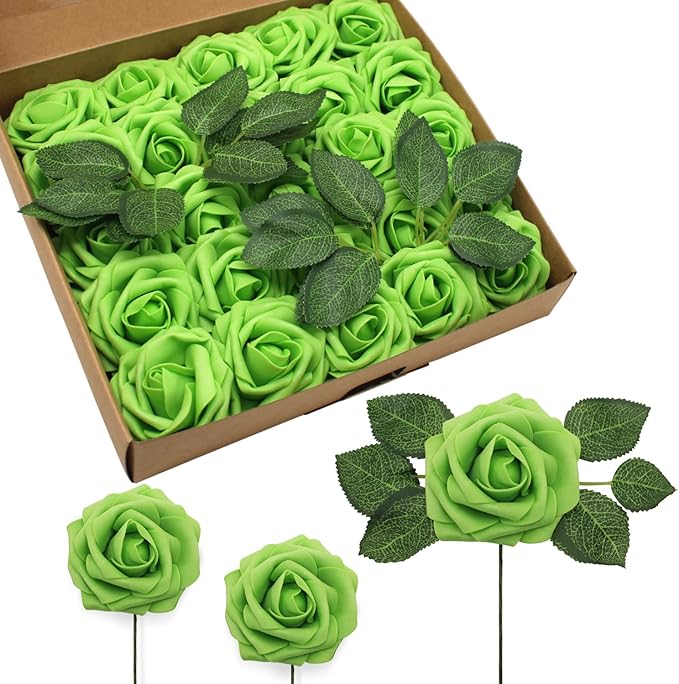 JOYLEX Artificial Flowers Realistic Roses, 50pcs Real Looking Fake Roses with Stem for DIY Wedding Bouquets Centerpieces Bridal Shower Party Home Romantic Decorations (Regular 3" - 50pcs, Green)