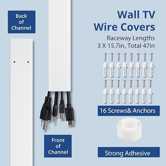 47in TV Cord Hider, YCLYC Cord Hider for Wall Mount TV, Large Cable Hider, Paintable Wire Covers for Cords, Cable Management Cord Organizer, Wire Hiders for TV on Wall 3*L15.7in W2in H0.7in, Black