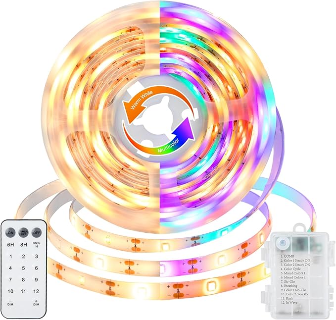 echosari LED Strip Lights Battery Operated, 10Ft 108 LED Dual Color Changing Strip Lights with Remote Cuttable Adhesive Lights Strip for Bedroom Party Decoration (Warm White & Multicolor)