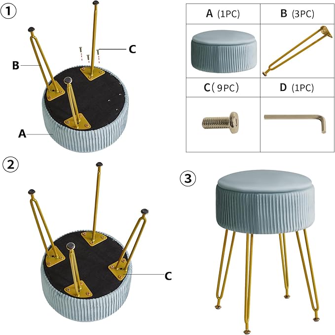 IBUYKE Velvet Storage Footrest Stool Ottoman, Makeup Vanity Stool Side Table with Golden Steel Legs Removable Cover, Coffee Table Top Cover, Blue LG-20H