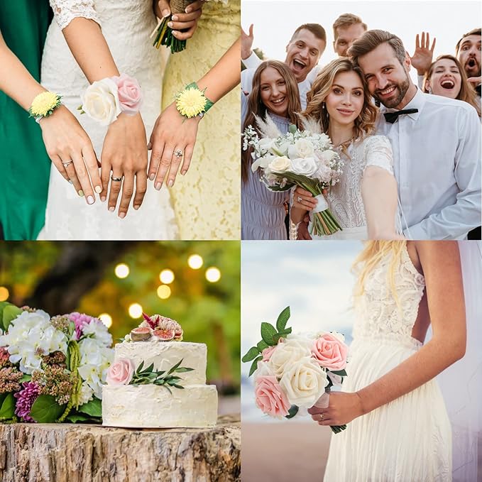 JOYLEX Artificial Flowers Realistic Roses, Real Looking Fake Roses with Stem for DIY Wedding Bouquets Centerpieces Bridal Shower Party Romantic Decorations (25pcs, White/Cream/Light Pink)