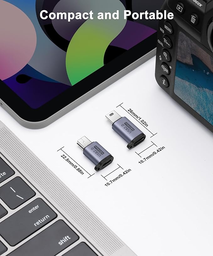 USB-C/Micro USB to Mini-USB Adapter (2-Pack), Data Transfer and Interface Conversion, Charging - Grey