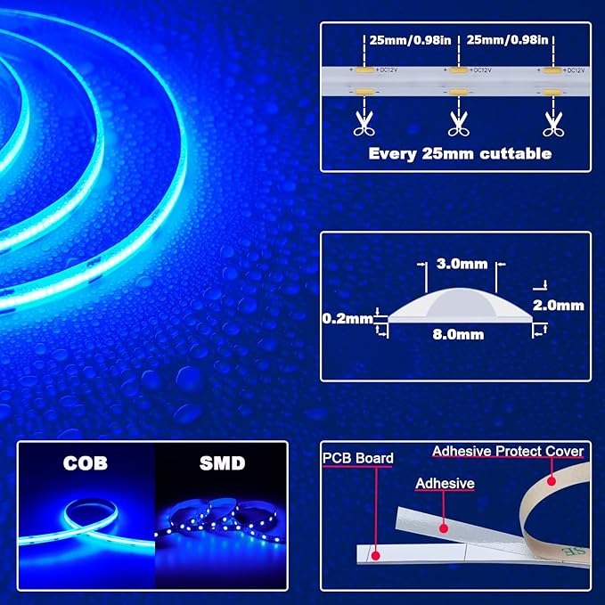 TOPAI 12V COB LED Strip Light Blue Waterproof IP65 16.4ft/5M 480LEDs/M Dotless High Density Self Adhesive Cuttable Flexibl LED Tape Light for Cabinet Home DIY Lighting Projects