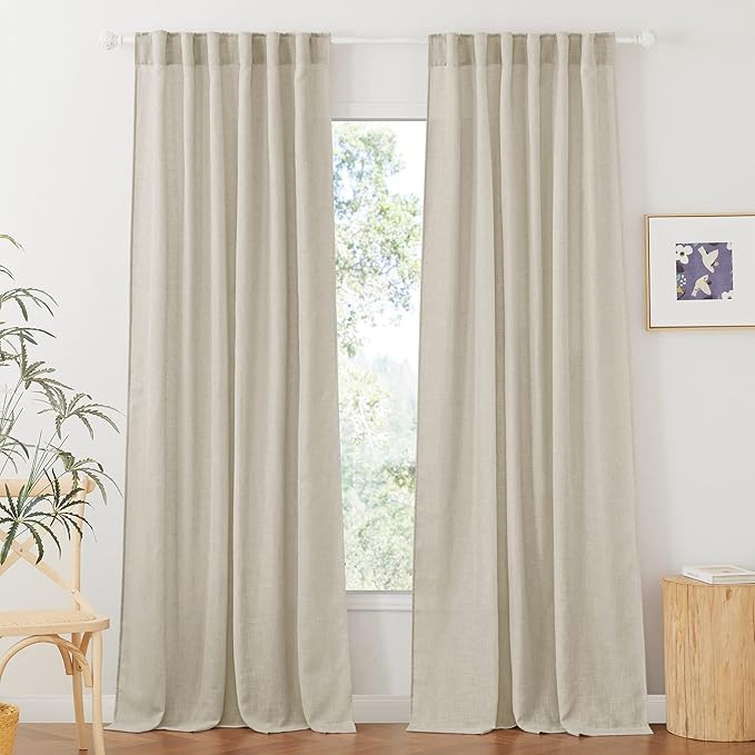 RYB HOME Linen Curtains for Bedroom - Light Airy Semi Sheer Curtains Large Window Decor for Living Room Sun Room Sliding Glass Door, Angora, 52 inch Wide x 84 inch Long, 1 Pair