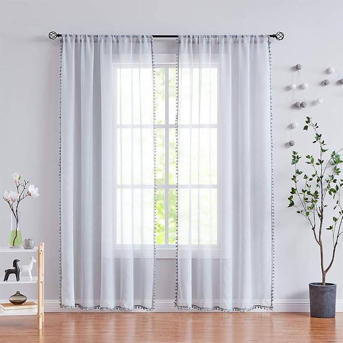 Treatmentex Grey Sheer Window Curtains for Living Room 95 inches Pom-Pom Canopy for Children Bedroom Rod Pocket 2Pack